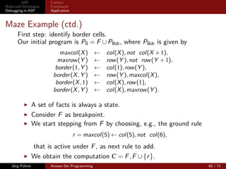 ASP             Context
Rules and Ontologies     Framework
Debugging in ASP         Application



Idea
                 aim at a debugging approach that allows the user to
                       build an answer set he or she has in mind by
                       stepwise adding further applicable rules.

                 emulation of a bottom-up generation of answer sets
                 considered interpretation grows monotonically
                 user serves as an oracle, choosing rules considered to be
                 supporting
                 bugs can be found when computation deviates from
                 expectations

                 Needed: A computation model for ASP that
                       is simple and intuitive
                       does not require a ﬁx order in which to consider the rules
                       concentrates on computation steps interesting to the user
   Jörg Pührer           Answer-Set Programming                                     53 / 71
 