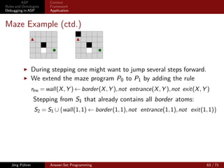 ASP            Context
Rules and Ontologies    Framework
Debugging in ASP        Application



Maze Example

       The problem of Maze Generation:
                 Consider an n × m grid where each cell is either a wall or
                 empty and there are two dedicated empty cells located at the
                 border,the maze’s entrance and its exit.
                 The maze grid has to satisfy the following conditions:
                   (i) border cells are walls (exception: entrance and exit)
                  (ii) there is a path from the entrance to every empty cell
                 (iii) for two diagonally adjacent walls, one of their common
                       neighbours is a wall
                 (iv) no 2 × 2 blocks of empty cells or walls
                  (v) no wall can be completely surrounded by empty cells



   Jörg Pührer          Answer-Set Programming                                  58 / 71
 