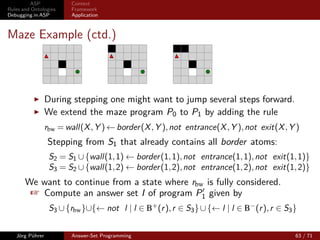 ASP           Context
Rules and Ontologies   Framework
Debugging in ASP       Application



Maze Example (ctd.)


           It is not feasible to step through all rules in the (exponential)
           grounding of a program.
          