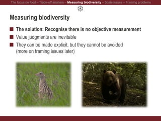 Measuring biodiversity
The solution: Recognise there is no objective measurement
Value judgments are inevitable
They can be made explicit, but they cannot be avoided
(more on framing issues later)
The focus on food – Trade-off analysis – Measuring biodiversity – Scale issues – Framing problems
 