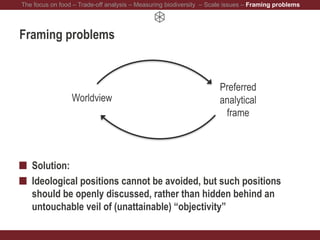 Framing problems
Solution:
Ideological positions cannot be avoided, but such positions
should be openly discussed, rather than hidden behind an
untouchable veil of (unattainable) “objectivity”
The focus on food – Trade-off analysis – Measuring biodiversity – Scale issues – Framing problems
Worldview
Preferred
analytical
frame
 