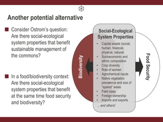 Another potential alternative
Consider Ostrom’s question:
Are there social-ecological
system properties that benefit
sustainable management of
the commons?
In a food/biodiversity context:
Are there social-ecological
system properties that benefit
at the same time food security
and biodiversity?
Social-Ecological
System Properties
Biodiversity
FoodSecurity
• Capital assets (social,
human, financial,
physical, natural)
• Socioeconomic and
ethnic composition
• Crop diversity
• Role of women
• Agrochemical inputs
• Native vegetation
prevalence and size of
“spared” areas
• Field sizes
• Foreign ownership
• Imports and exports
… and others!
 