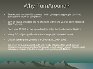 Why TurnAround? TurnAround had an 80% success rate in getting young people back into education or work on completion. 89% of young offenders are re-offending within one year of being released from YOI…etc Each year 70,000 school age offenders enter the Youth Justice System. Nearly 2/3 s  of young offenders are unemployed at time of arrest.  Cost of sending one youth to a YOI was £47,000 in 2002. We know through research with University of Essex that youth on our programmes show a significant increase in self esteem, mood changes and behaviour change linked to a positive connection with Nature… 