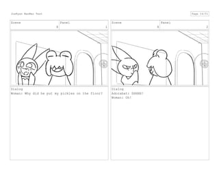 Scene
8
Panel
1
Dialog
Woman: Why did he put my pickles on the floor?
Scene
8
Panel
2
Dialog
Adorabat: SHHHH!
Woman: Oh!
JoeRyan MaoMao Test Page 16/51
 