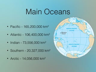 Main Oceans
• Pacific - 165,200,000 km²
• Atlantic - 106,400,000 km²
• Indian - 73,556,000 km²
• Southern - 20,327,000 km²
• Arctic - 14,056,000 km²
 