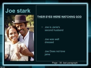 Joe stark
o Joe is Janie's
second husband
Joe was well
dressed
Joe Does not love
jaine
Page : 30 .last paragraph
 