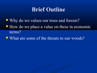 Brief Outline
   Why do we values our trees and forests?
   How do we place a value on these in economic
    terms?
   What are some of the threats to our woods?
 