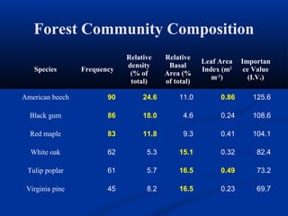 Forest Community Composition
                             Relative    Relative
                                                     Leaf Area   Importan
                             density      Basal
   Species       Frequency                           Index (m2    ce Value
                              (% of      Area (%
                                                        m-2)        (I.V.)
                              total)     of total)

American beech          90        24.6       11.0         0.86      125.6

  Black gum             86        18.0         4.6        0.24      108.6

  Red maple             83        11.8         9.3        0.41      104.1

  White oak             62         5.3       15.1         0.32       82.4

 Tulip poplar           61         5.7       16.5         0.49       73.2

 Virginia pine          45         8.2       16.5         0.23       69.7
 