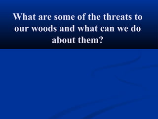 What are some of the threats to
our woods and what can we do
        about them?
 