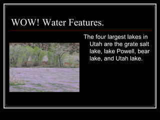 WOW! Water Features. The four largest lakes in Utah are the grate salt lake, lake Powell, bear lake, and Utah lake. 