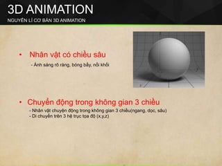 3D ANIMATION
NGUYÊN LÍ CƠ BẢN 3D ANIMATION
• Nhân vật có chiều sâu
- Ánh sáng rõ ràng, bóng bẩy, nổi khối
• Chuyển động trong không gian 3 chiều
- Nhân vật chuyện động trong không gian 3 chiều(ngang, dọc, sâu)
- Di chuyển trên 3 hệ trục tọa độ (x,y,z)
 