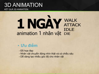 3D ANIMATION
KẾT QUẢ 3D ANIMATION
• Ưu điểm
- Đồ họa đẹp
- Nhân vật chuyển động nhìn thật và có chiều sâu
- Dễ dàng tạo nhiều góc độ cho nhân vật
 