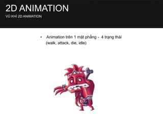 • Animation trên 1 mặt phẳng - 4 trạng thái
(walk, attack, die, idle)
2D ANIMATION
VŨ KHÍ 2D ANIMATION
 