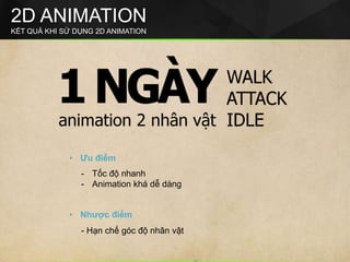 2D ANIMATION
KẾT QUẢ KHI SỬ DỤNG 2D ANIMATION
• Nhược điểm
- Hạn chế góc độ nhân vật
• Ưu điểm
- Tốc độ nhanh
- Animation khá dễ dàng
 