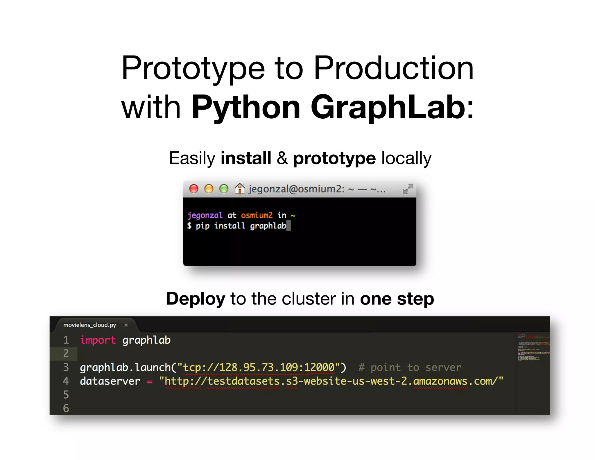 Prototype to Production 
with Python GraphLab: 
Easily install  prototype locally

Deploy to the cluster in one step

 