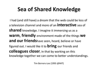 Sea of Shared Knowledge<br /> I had (and still have) a dream that the web could be less of a television channel and more o...