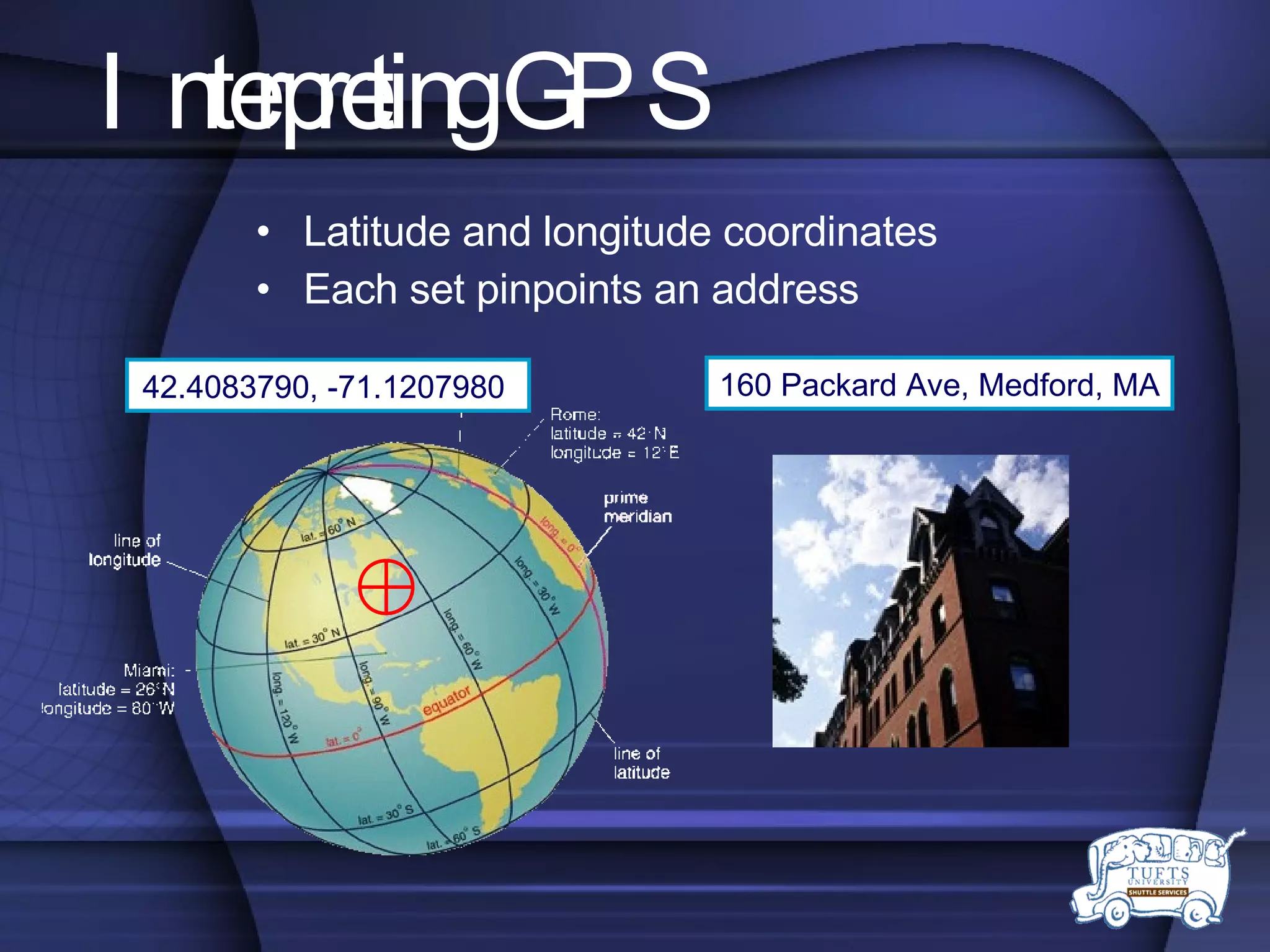 Interpreting GPS Latitude and longitude coordinates Each set pinpoints an address 42.4083790, -71.1207980  160 Packard Ave, Medford, MA 