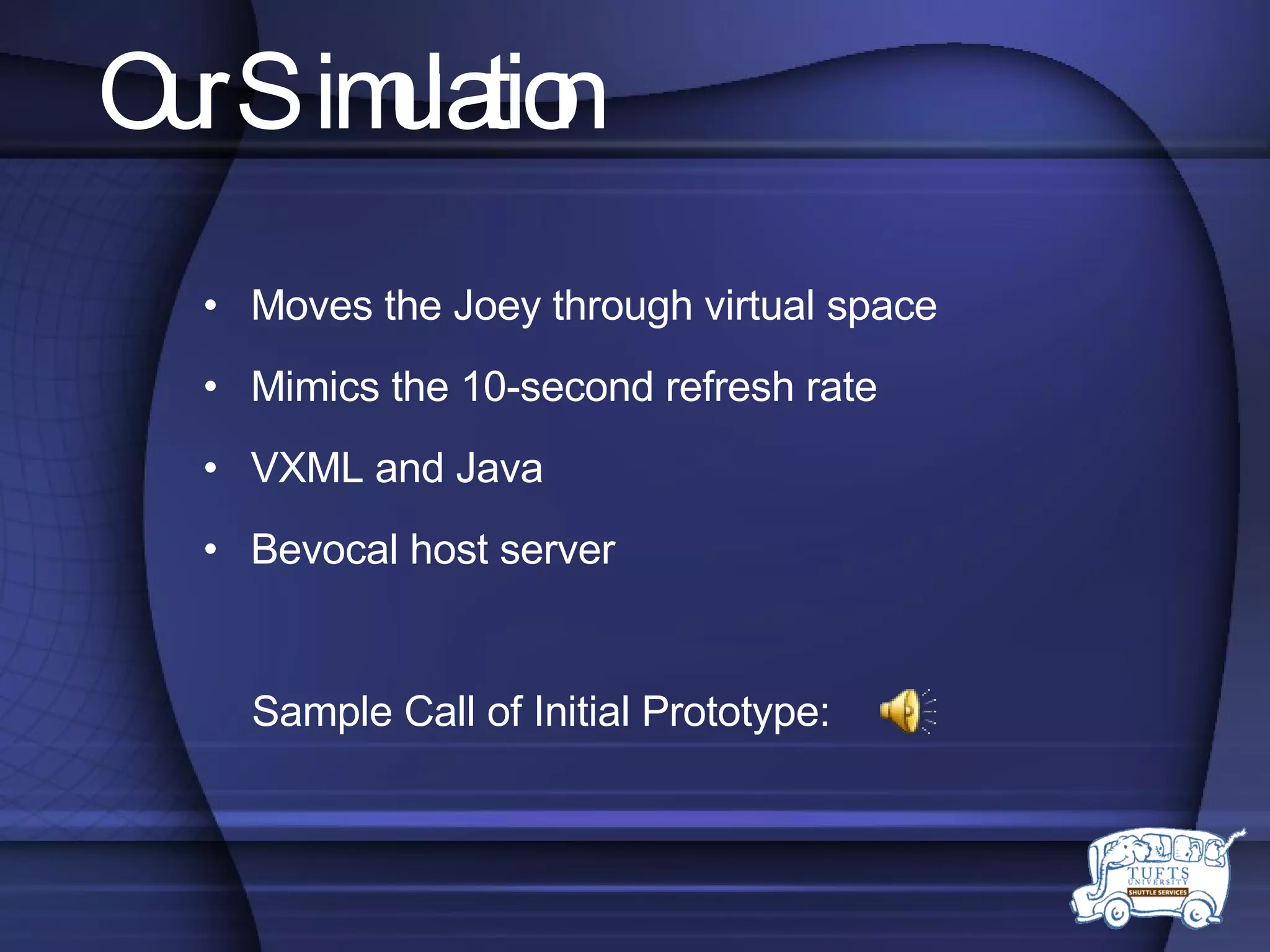 Our Simulation Moves the Joey through virtual space Mimics the 10-second refresh rate VXML and Java Bevocal host server Sample Call of Initial Prototype: 