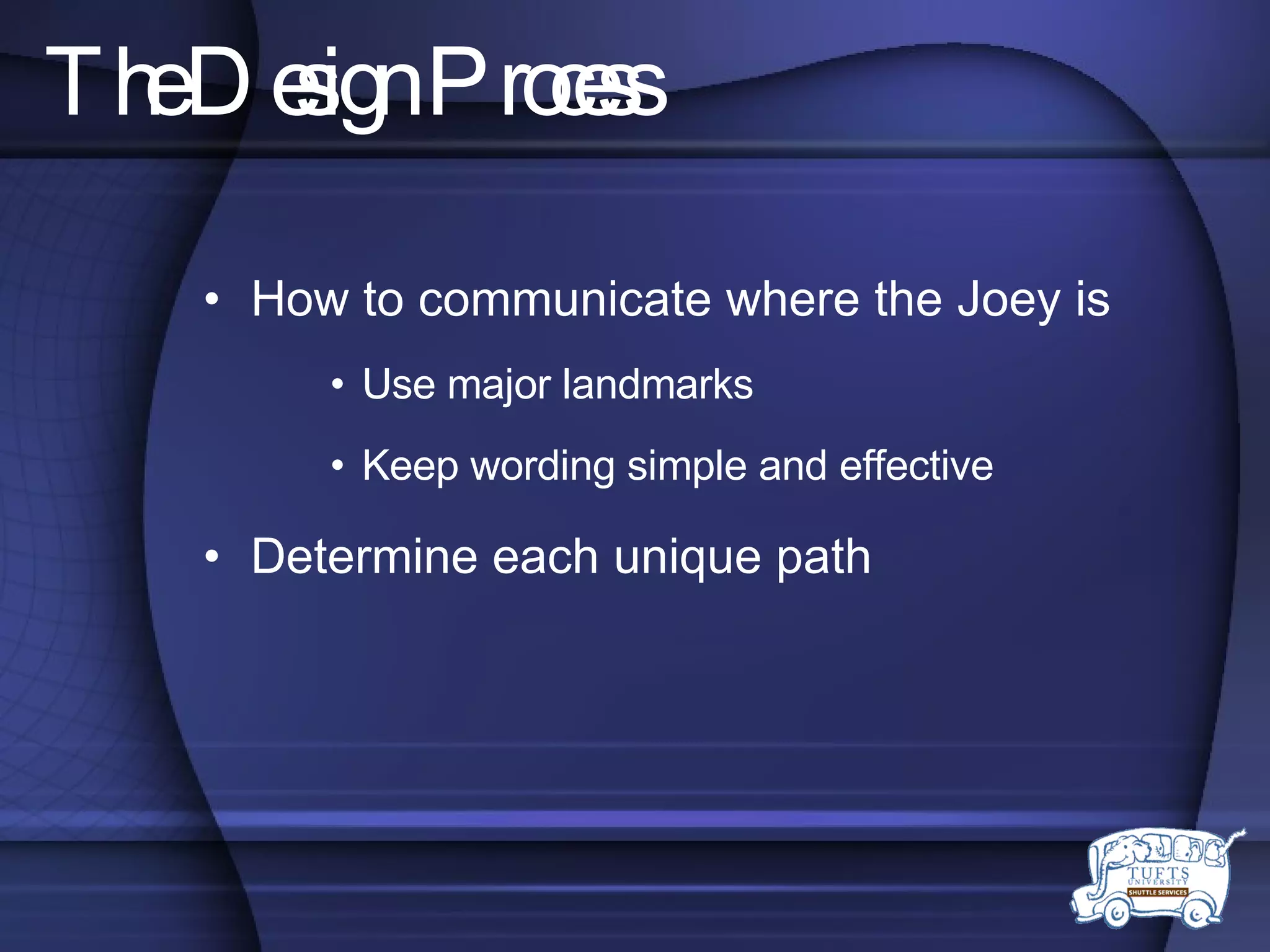 The Design Process How to communicate where the Joey is Use major landmarks Keep wording simple and effective Determine each unique path 