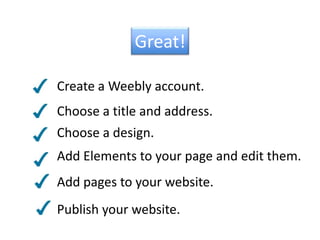 Great!Create a Weebly account.Choose a title and address.Choose a design.Add Elements to your page and edit them.Add pages to your website.Publish your website.