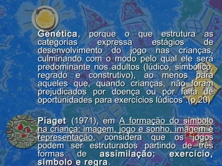 GenéticaGenética, porque o que estrutura as, porque o que estrutura as
categorias expressa estágios decategorias expressa estágios de
desenvolvimento do jogo nas crianças,desenvolvimento do jogo nas crianças,
culminando com o modo pelo qual ele seráculminando com o modo pelo qual ele será
predominante nos adultos (lúdico, simbólico,predominante nos adultos (lúdico, simbólico,
regrado e construtivo), ao menos pararegrado e construtivo), ao menos para
aqueles que, quando crianças, não foramaqueles que, quando crianças, não foram
prejudicados por doença ou por falta deprejudicados por doença ou por falta de
oportunidades para exercícios lúdicos”.(p.20)oportunidades para exercícios lúdicos”.(p.20)
PiagetPiaget (1971), em(1971), em A formação do símboloA formação do símbolo
na criança: imagem, jogo e sonho, imagem ena criança: imagem, jogo e sonho, imagem e
representaçãorepresentação, considera que os jogos, considera que os jogos
podem ser estruturados partindo de trêspodem ser estruturados partindo de três
formas deformas de assimilação: exercício,assimilação: exercício,
símbolo e regrasímbolo e regra..
 