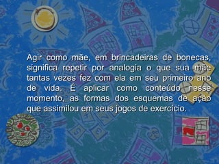 Agir como mãe, em brincadeiras de bonecas,Agir como mãe, em brincadeiras de bonecas,
significa repetir por analogia o que sua mãesignifica repetir por analogia o que sua mãe
tantas vezes fez com ela em seu primeiro anotantas vezes fez com ela em seu primeiro ano
de vida. É aplicar como conteúdo nessede vida. É aplicar como conteúdo nesse
momento, as formas dos esquemas de açãomomento, as formas dos esquemas de ação
que assimilou em seus jogos de exercício.que assimilou em seus jogos de exercício.
 