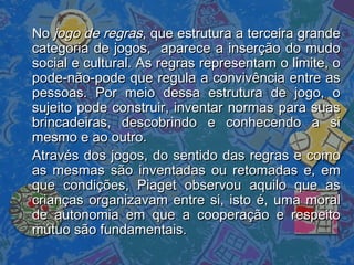 NoNo jogo de regrasjogo de regras, que estrutura a terceira grande, que estrutura a terceira grande
categoria de jogos, aparece a inserção do mudocategoria de jogos, aparece a inserção do mudo
social e cultural. As regras representam o limite, osocial e cultural. As regras representam o limite, o
pode-não-pode que regula a convivência entre aspode-não-pode que regula a convivência entre as
pessoas. Por meio dessa estrutura de jogo, opessoas. Por meio dessa estrutura de jogo, o
sujeito pode construir, inventar normas para suassujeito pode construir, inventar normas para suas
brincadeiras, descobrindo e conhecendo a sibrincadeiras, descobrindo e conhecendo a si
mesmo e ao outro.mesmo e ao outro.
Através dos jogos, do sentido das regras e comoAtravés dos jogos, do sentido das regras e como
as mesmas são inventadas ou retomadas e, emas mesmas são inventadas ou retomadas e, em
que condições, Piaget observou aquilo que asque condições, Piaget observou aquilo que as
crianças organizavam entre si, isto é, uma moralcrianças organizavam entre si, isto é, uma moral
de autonomia em que a cooperação e respeitode autonomia em que a cooperação e respeito
mútuo são fundamentais.mútuo são fundamentais.
 