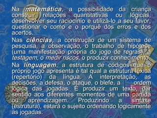 NaNa matemáticamatemática,, a possibilidade da criançaa possibilidade da criança
construir relações quantitativas ou lógicas,construir relações quantitativas ou lógicas,
desenvolver seu raciocínio e utilizá-lo a seu favor,desenvolver seu raciocínio e utilizá-lo a seu favor,
questionar o como e o porquê dos erros e dosquestionar o como e o porquê dos erros e dos
acertos.acertos.
NasNas ciências,ciências, a construção de um sistema dea construção de um sistema de
pesquisa, a observação, o trabalho de hipótesepesquisa, a observação, o trabalho de hipótese
(uma manifestação própria do jogo de regras), a(uma manifestação própria do jogo de regras), a
testagemtestagem, o, o medir riscosmedir riscos, o produzir conhecimento., o produzir conhecimento.
NaNa linguagemlinguagem, a estrutura de códigos que o, a estrutura de códigos que o
próprio jogo apresenta é tal qual a estrutura léxicapróprio jogo apresenta é tal qual a estrutura léxica
(repertório) da língua. A interpretação, as(repertório) da língua. A interpretação, as
decisões, a defesa, o ataque, o blefe, adecisões, a defesa, o ataque, o blefe, a ordemordem
lógica das jogadas. É produzir um texto, darlógica das jogadas. É produzir um texto, dar
sentido aos diferentes momentos de uma partidasentido aos diferentes momentos de uma partida
ou aprendizagem. Produzindo a sintaxeou aprendizagem. Produzindo a sintaxe
(estrutura), estará o sujeito ordenando logicamente(estrutura), estará o sujeito ordenando logicamente
as jogadas.as jogadas.
 