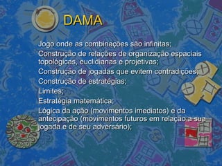 DAMADAMA
Jogo onde as combinações são infinitas;Jogo onde as combinações são infinitas;
Construção de relações de organização espaciaisConstrução de relações de organização espaciais
topológicas, euclidianas e projetivas;topológicas, euclidianas e projetivas;
Construção de jogadas que evitem contradições;Construção de jogadas que evitem contradições;
Construção de estratégias;Construção de estratégias;
Limites;Limites;
Estratégia matemática;Estratégia matemática;
Lógica da ação (movimentos imediatos) e daLógica da ação (movimentos imediatos) e da
antecipação (movimentos futuros em relação a suaantecipação (movimentos futuros em relação a sua
jogada e de seu adversário);jogada e de seu adversário);
 