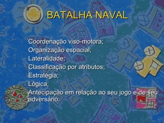 BATALHA NAVALBATALHA NAVAL
Coordenação viso-motora;Coordenação viso-motora;
Organização espacial;Organização espacial;
Lateralidade;Lateralidade;
Classificação por atributos;Classificação por atributos;
Estratégia;Estratégia;
Lógica;Lógica;
Antecipação em relação ao seu jogo e de seuAntecipação em relação ao seu jogo e de seu
adversário.adversário.
 