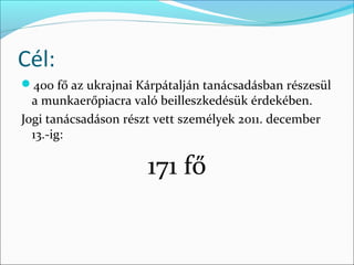 Cél:
400 fő az ukrajnai Kárpátalján tanácsadásban részesül
a munkaerőpiacra való beilleszkedésük érdekében.
Jogi tanácsadáson részt vett személyek 2011. december
13.-ig:
171 fő
 