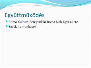 Együttműködés
Roma Kultúra Beregvidéki Roma Nők Egyesülete
Szociális munkások
 