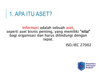 1. APA ITU ASET?
Informasi adalah sebuah aset,
seperti aset bisnis penting, yang memiliki ”nilai”
bagi organisasi dan harus dilindungi dengan
tepat.
ISO/IEC 27002
 