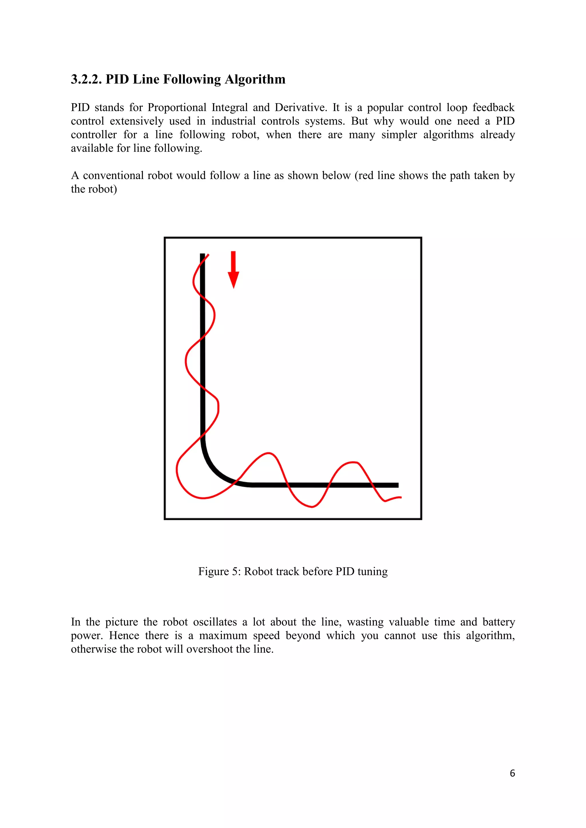 6
3.2.2. PID Line Following Algorithm
PID stands for Proportional Integral and Derivative. It is a popular control loop feedback
control extensively used in industrial controls systems. But why would one need a PID
controller for a line following robot, when there are many simpler algorithms already
available for line following.
A conventional robot would follow a line as shown below (red line shows the path taken by
the robot)
Figure 5: Robot track before PID tuning
In the picture the robot oscillates a lot about the line, wasting valuable time and battery
power. Hence there is a maximum speed beyond which you cannot use this algorithm,
otherwise the robot will overshoot the line.
 