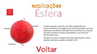 A esfera é gerada a partir de uma volta completa de uma
semicircunferência em relação ao seu eixo de inclinação. Um outro
significado, semelhante a definição de circunferência, é o conjunto
de todos os pontos no espaço, equidistantes a um ponto fixo
denominado centro.
Ela possui um raio (r) e alguns elementos interessantes, como o
paralelo, meridiano, equador e polos(P1 e P2).
r
paralelo
meridiano
equador
P1
P2
C
 