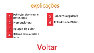 Definição, elementos e
classificação
Nomenclatura
Relação de Euler
Relação entre arestas e
faces
Poliedros regulares
Poliedros de Platão
 