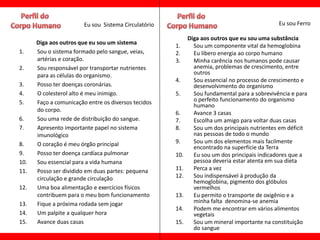 Eu sou Sistema Circulatório                                           Eu sou Ferro

                                                            Diga aos outros que eu sou uma substância
      Diga aos outros que eu sou um sistema
                                                      1.      Sou um componente vital da hemoglobina
1.    Sou o sistema formado pelo sangue, veias,       2.      Eu libero energia ao corpo humano
      artérias e coração.                             3.      Minha carência nos humanos pode causar
2.    Sou responsável por transportar nutrientes              anemia, problemas de crescimento, entre
      para as células do organismo.                           outros
                                                      4.      Sou essencial no processo de crescimento e
3.    Posso ter doenças coronárias.                           desenvolvimento do organismo
4.    O colesterol alto é meu inimigo.                5.      Sou fundamental para a sobrevivência e para
5.    Faço a comunicação entre os diversos tecidos            o perfeito funcionamento do organismo
                                                              humano
      do corpo.
                                                      6.      Avance 3 casas
6.    Sou uma rede de distribuição do sangue.         7.      Escolha um amigo para voltar duas casas
7.    Apresento importante papel no sistema           8.      Sou um dos principais nutrientes em déficit
      imunológico                                             nas pessoas de todo o mundo
8.    O coração é meu órgão principal                 9.      Sou um dos elementos mais facilmente
                                                              encontrado na superfície da Terra
9.    Posso ter doença cardíaca pulmonar              10.     Eu sou um dos principais indicadores que a
10.   Sou essencial para a vida humana                        pessoa deveria estar atenta em sua dieta
11.   Posso ser dividido em duas partes: pequena      11.     Perca a vez
      circulação e grande circulação                  12.     Sou indispensável à produção da
                                                              hemoglobina, pigmento dos glóbulos
12.   Uma boa alimentação e exercícios físicos                vermelhos
      contribuem para o meu bom funcionamento         13.     Eu permito o transporte de oxigênio e a
13.   Fique a próxima rodada sem jogar                        minha falta denomina-se anemia
                                                      14.     Podem me encontrar em vários alimentos
14.   Um palpite a qualquer hora                              vegetais
15.   Avance duas casas                               15.     Sou um mineral importante na constituição
                                                              do sangue
 
