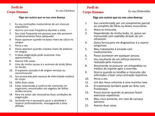 Eu sou Câimbras                                     Eu sou Distensões

         Diga aos outros que eu sou uma doença                    Diga aos outros que eu sou uma doença

1.    Eu sou contrações involuntárias de um músculo         1.    Sou caracterizado por um rompimento parcial
      esquelético.                                                ou completo de fibras ou feixes musculares.
2.    Ocorro com mais frequência durante a noite.           2.    Ataca os músculos.
3.    Sou mais frequente em pessoas que não possuem         3.    Dependendo da minha lesão, só posso ser
      condicionamento físico adequado.                            mensurado com exatidão através de um
4.    Posso aparecer quando há baixo níveis de cálcio no          ultrassom.
      sangue.                                               4.    Outra forma para me diagnosticar é o exame
5.    Perca a vez                                                 sanguíneo.
6.    Posso aparecer quando a baixos níveis de potássio     5.    Meu tratamento é iniciado com
      no sangue.                                                  medicamentos.
7.    A baixa oxigenação pode ocasionar meu                 6.    Posso acontecer em qualquer pessoa.
      aparecimento.
                                                            7.    Sou resultante de um esforço extremo
8.    Avance três casas.                                          realizado pelo músculo.
9.    Uma de minha causas é o acúmulo de ácido lático
      no tecido.                                            8.    Recomenda-se procurar um ortopedista ou
                                                                  médico do esporte após o ocorrido.
10.   O espasmo causado é de origem nervosa ou
      neuromuscular                                         9.    Ocorro quando os tendões e músculos são
11.   Sou provocada pelo excesso de eletricidade estática         solicitados a fazer uma contração repentina.
      do corpo                                              10.   Perca a vez.
12.   Volte duas casas.                                     11.   Um dos meus sintomas é uma mancha roxa.
13.   Estou relacionada à carência de nutrientes no         12.   O tratamento também pode ser feito com
      organismo, encontrados nos vegetais de folhas               fisioterapia.
      verdes escuras.                                       13.   Posso ocorrer quando as pessoas fazem
14.   Para me evitar são necessárias boas condições de            exercícios repetitivos.
      oxigenação.
                                                            14.   Meu risco aumenta em caso de cansaço
15.   Sentindo-me é necessário parar a atividade e                extremo.
      respirar profundamente, massageando a área
      afetada.                                              15.   Avance duas casas.
 