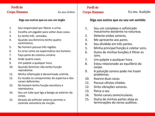 Eu sou Uretra                                   Eu sou Audição

      Diga aos outros que eu sou um órgão                  Diga aos outros que eu sou um sentido

1.    Sou responsável por liberar a urina.           1.      Sou um complexo e sofisticado
2.    Escolha um jogador para voltar duas casas.             mecanismo existente na natureza.
3.    Eu tenho três camadas.                         2.      Detecto ondas sonoras.
4.    Quando sou feminino tenho quatro               3.      Me apresento aos pares.
      centímetros.                                   4.      Sou dividido em três partes.
5.    No homem possuo três regiões                   5.      Minha principal função é coletar sons.
6.    Eu sirvo como via espermática nos homens       6.      Outra de minhas funções é filtrar os
7.    Faço parte do sistema urinário.                        sons.
8.    Ande quatro casas.                             7.      Um palpite a qualquer hora.
9.    Um palpite a qualquer hora.                    8.      Estou relacionado ao equilíbrio do
10.   Quando feminino não tenho função                       corpo.
      reprodutiva.                                   9.      A poluição sonora pode me trazer
11.   Minha inflamação é denominada uretrite.                problemas.
12.   Eu recebo os componentes do esperma e dos      10.     Avance duas casas.
      canais deferentes.                             11.     Possuo células ciliadas.
13.   No homem tenho função excretora e
      reprodutora.
                                                     12.     Sinto vibrações sonoras.
14.   Sou um tubo que liga a bexiga ao exterior do   13.     Perca a vez.
      corpo.                                         14.     Tenho canais semicirculares.
15.   Através do esfíncter externo permito o         15.     Outra de minhas partes aloja as
      controle voluntário da micção.                         terminações do nervo auditivo.
 