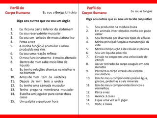 Eu sou a Bexiga Urinária                                   Eu sou o Sangue

                                                 Diga aos outros que eu sou um tecido conjuntivo
      Diga aos outros que eu sou um órgão
                                                 1.    Sou produzido na medula óssea
1.     Eu fico na parte inferior do abdômem      2.    Em animais invertebrados minha cor pode
2.     Eu sou reservatório muscular                    variar
3.     Eu sou um soltado de musculatura liso     3.    Sou formado por diversos tipos de células
4.     Perca a vez                               4.    Minha principal função a manutenção da
5.     A minha função é acumular a urina               vida
       produzida nos rins                        5.    Minha composição é de células e plasma
6.     Eu sou uma reação reflexa                 6.    Sou um liquido amarelo
7.     O meu funcionamento é muito alterado      7.    Circulo no corpo em uma velocidade de
                                                       2Km/h
8.     Dentro de mim cabe meio litro de
       líquido                                   8.    Ao ser retirado do corpo coagulo em seis
                                                       minutos
9.     Eu tenho relações diversas na mulher e    9.    Percorro o corpo através do sistema
       no homem                                        circulatório
10.    Antes de mim tem os ureteres              10.   Um de meus componentes possui água,
11.    Depois de mim tem a uretra                      glicose, proteínas e sais minerais
12.    Eu tenho uma camada muscular              11.   Um de meus componentes brancos e
13.    Tenho prega na membrana muscular                vermelhos
                                                 12.   Perca a vez
14.    Escolha um jogador para voltar duas
       casas                                     13.   Avance 3 casas
15.    Um palpite a qualquer hora                14.   Fique uma vez sem jogar
                                                 15.   Volte 2 casas
 