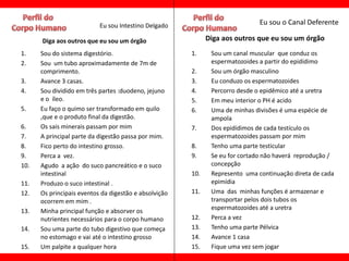 Eu sou Intestino Delgado                           Eu sou o Canal Deferente

      Diga aos outros que eu sou um órgão                    Diga aos outros que eu sou um órgão
1.    Sou do sistema digestório.                       1.     Sou um canal muscular que conduz os
2.    Sou um tubo aproximadamente de 7m de                    espermatozoides a partir do epidídimo
      comprimento.                                     2.     Sou um órgão masculino
3.    Avance 3 casas.                                  3.     Eu conduzo os espermatozoides
4.    Sou dividido em três partes :duodeno, jejuno     4.     Percorro desde o epidêmico até a uretra
      e o íleo.                                        5.     Em meu interior o PH é acido
5.    Eu faço o quimo ser transformado em quilo        6.     Uma de minhas divisões é uma espécie de
      ,que e o produto final da digestão.                     ampola
6.    Os sais minerais passam por mim                  7.     Dos epidídimos de cada testículo os
7.    A principal parte da digestão passa por mim.            espermatozoides passam por mim
8.    Fico perto do intestino grosso.                  8.     Tenho uma parte testicular
9.    Perca a vez.                                     9.     Se eu for cortado não haverá reprodução /
10.   Agudo a ação do suco pancreático e o suco               concepção
      intestinal                                       10.    Represento uma continuação direta de cada
11.   Produzo o suco intestinal .                             epimídia
12.   Os principais eventos da digestão e absolvição   11.    Uma das minhas funções é armazenar e
      ocorrem em mim .                                        transportar pelos dois tubos os
                                                              espermatozoides até a uretra
13.   Minha principal função e absorver os
      nutrientes necessários para o corpo humano       12.    Perca a vez
14.   Sou uma parte do tubo digestivo que começa       13.    Tenho uma parte Pélvica
      no estomago e vai até o intestino grosso         14.    Avance 1 casa
15.   Um palpite a qualquer hora                       15.    Fique uma vez sem jogar
 