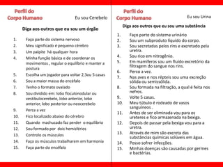 Eu sou Cerebelo                                            Eu sou Urina

                                                           Diga aos outros que eu sou uma substância
      Diga aos outros que eu sou um órgão
                                                      1.      Faço parte do sistema urinário
1.     Faço parte do sistema nervoso                  2.      Sou um subproduto líquido do corpo.
2.     Meu significado é pequeno cérebro              3.      Sou secretadas pelos rins e excretado pela
3.     Um palpite há qualquer hora                            uretra.
4.     Minha função básica e de coordenar os          4.      Sou rico em nitrogênio.
       movimentos , regular o equilíbrio e manter a   5.      Em mamíferos sou um fluído excretório da
                                                              filtragem do sangue nos rins.
       postura
                                                      6.      Perco a vez.
5.     Escolha um jogador para voltar 2,3ou 5 casas
                                                      7.      Nas aves e nos répteis sou uma excreção
6.     Sou a maior massa do encéfalo                          sólida ou semissólida.
7.     Tenho o formato ovalado                        8.      Sou formada na filtração, a qual é feita nos
8.     Sou dividido em: lobo floculonodular ou                nefros.
       vestibulocerebelo, lobo anterior, lobo         9.      Volte 5 casas.
       anterior, lobo posterior ou neocerebelo        10.     Meu túbulo é rodeado de vasos
                                                              sanguíneos .
9.     Perca a vez
                                                      11.     Antes de ser eliminada vou para os
10.    Fico localizado abaixo do cérebro                      ureteres e fico armazenada na bexiga.
11.    Quando machucado faz perder o equilíbrio       12.     Depois de passar pela bexiga vou para a
12.    Sou formado por dois hemisférios                       uretra.
13.    Controlo os músculos                           13.     Através de mim são excreta das
                                                              substâncias químicas solúveis em água.
14.    Faço os músculos trabalharem em harmonia       14.     Posso sofrer infecções.
15.    Faço parte do encéfalo                         15.     Minhas doenças são causadas por germes
                                                              e bactérias.
 