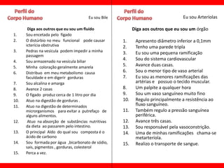 Eu sou Bile                                Eu sou Arteríolas

       Diga aos outros que eu sou um fluido               Diga aos outros que eu sou um órgão
1.    Sou encetada pelo fígado
2.    O distúrbio no meu funcional pode causar      1.     Apresento diâmetro inferior a 0,1mm
      icterícia obstrutiva                          2.     Tenho uma parede tripla
3.    Pedras na vesícula podem impedir a minha      3.     Eu sou uma pequena ramificação
      passagem
4.    Sou armazenado na vesícula biliar
                                                    4.     Sou do sistema cardiovascular
5.    Minha coloração geralmente amarela            5.     Avance duas casas.
6.    Distribuo em meu metabolismo causa            6.     Sou o menor tipo de vaso arterial
      faculdade e em digerir gorduras               7.     Eu sou as menores ramificações das
7.    Sou alcalina e amarga                                artérias e possuo o tecido muscular.
8.    Avance 2 casas                                8.     Um palpite a qualquer hora
9.    O fígado produz cerca de 1 litro por dia      9.     Sou um vaso sanguíneo muito fino
10.   Atuo na digestão de gorduras .                10.    Regulo principalmente a resistência ao
11.   Atuo na digestão de determinados                     fluxo sanguíneo.
      microrganismos para evitar a putrefaço de     11.    Também regulo a pressão sanguínea
      alguns alimentos.                                    periférica.
12.    Atuo na absorção de substâncias nutritivas   12.    Avance três casas.
      da dieta ao passarem pelo intestino.          13.    Sou responsável pela vasoconstrição.
13.   O principal Aldo do qual sou composta é o     14.    Uma de minhas ramificações chama-se
      ácido de carbono                                     metarteríola.
14.   Sou formada por água ,bicarbonato de sódio,   15.    Realizo o transporte de sangue.
      sais, pigmentos , gorduras, colesterol
15.   Perca a vez.
 