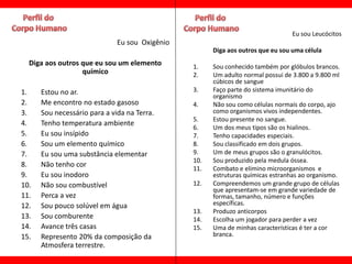 Eu sou Leucócitos
                              Eu sou Oxigênio
                                                      Diga aos outros que eu sou uma célula
  Diga aos outros que eu sou um elemento        1.    Sou conhecido também por glóbulos brancos.
                  químico                       2.    Um adulto normal possui de 3.800 a 9.800 ml
                                                      cúbicos de sangue
1.    Estou no ar.                              3.    Faço parte do sistema imunitário do
                                                      organismo
2.    Me encontro no estado gasoso              4.    Não sou como células normais do corpo, ajo
3.    Sou necessário para a vida na Terra.            como organismos vivos independentes.
                                                5.    Estou presente no sangue.
4.    Tenho temperatura ambiente
                                                6.    Um dos meus tipos são os hialinos.
5.    Eu sou insípido                           7.    Tenho capacidades especiais.
6.    Sou um elemento químico                   8.    Sou classificado em dois grupos.
7.    Eu sou uma substância elementar           9.    Um de meus grupos são o granulócitos.
                                                10.   Sou produzido pela medula óssea.
8.    Não tenho cor
                                                11.   Combato e elimino microorganismos e
9.    Eu sou inodoro                                  estruturas químicas estranhas ao organismo.
10.   Não sou combustível                       12.   Compreendemos um grande grupo de células
                                                      que apresentam-se em grande variedade de
11.   Perca a vez                                     formas, tamanho, número e funções
12.   Sou pouco solúvel em água                       específicas.
                                                13.   Produzo anticorpos
13.   Sou comburente                            14.   Escolha um jogador para perder a vez
14.   Avance três casas                         15.   Uma de minhas características é ter a cor
15.   Represento 20% da composição da                 branca.
      Atmosfera terrestre.
 