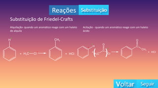 Reações
Substituição de Friedel-Crafts
Alquilação- quando um aromático reage com um haleto
de alquila
Acilação - quando um aromático reage com um haleto
ácido
+ -
+
- +
-
-
( )
+
 