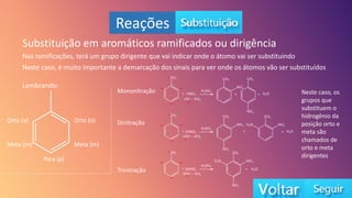 Reações
Substituição em aromáticos ramificados ou dirigência
Neste caso, é muito importante a demarcação dos sinais para ver onde os átomos vão ser substituídos
Orto (o)
Meta (m)
Para (p)
Orto (o)
Meta (m)
Lembrando:
Nas ramificações, terá um grupo dirigente que vai indicar onde o átomo vai ser substituindo.
Mononitração
Dinitração
Trinitração
+
+
+
+
-
-
-
-
+
+
+
+
-
-
-
-
+
+
+
+
-
-
-
-
𝑂𝐻 − 𝑁𝑂2
2𝑂𝐻 − 𝑁𝑂2
3𝑂𝐻 − 𝑁𝑂2
- +
- +
- +
Neste caso, os
grupos que
substituem o
hidrogênio da
posição orto e
meta são
chamados de
orto e meta
dirigentes
 
