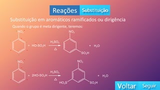 Reações
Substituição em aromáticos ramificados ou dirigência
Quando o grupo é meta dirigente, teremos:
+ -
-
- +
+
+
+
-
-
+ -
-
- +
+
+
+
-
-
 