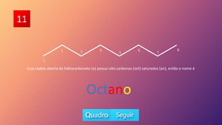 11
5
6
7
8
Essa cadeia aberta de hidrocarboneto (o) possui oito carbonos (oct) saturados (an), então o nome é
Octano
1
2 3 4
 