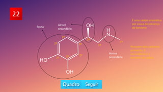 22
fenóis
Álcool
secundário
Amina
secundária
É uma cadeia aromática
por causa da presença
do benzeno
Possuem dois carbonos
primários, 6
secundários e 1
terciário na cadeia.
1º
1º
2º
3º
2º
2º
2º 2º 2º
 