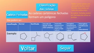As cadeias carbônicas fechadas
formam um polígono
Elas podem ser:
classificação Normal Ramificada Saturada (só
ligação simples
entre carbonos)
Insaturada(
presença de no
mínimo uma
dupla ou tripla
entre C)
Homogênea
(inexistência de
um heteroátomo
separando a
cadeia)
Heterogênea
(existência de
um
heteroátomo)
Exemplo
Podem existir cadeias com
uma parte aberta e outra
fechada. Isso recebe um
nome de cadeia mista
As cadeias fechadas podem
ser chamadas de cíclicas ou
acíclicas
 